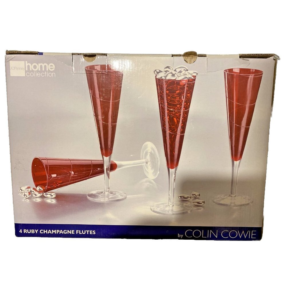 NOS JC Penny Home Collection 4 Ruby Champagne Flutes by Colin Cowie 9.75" Etched